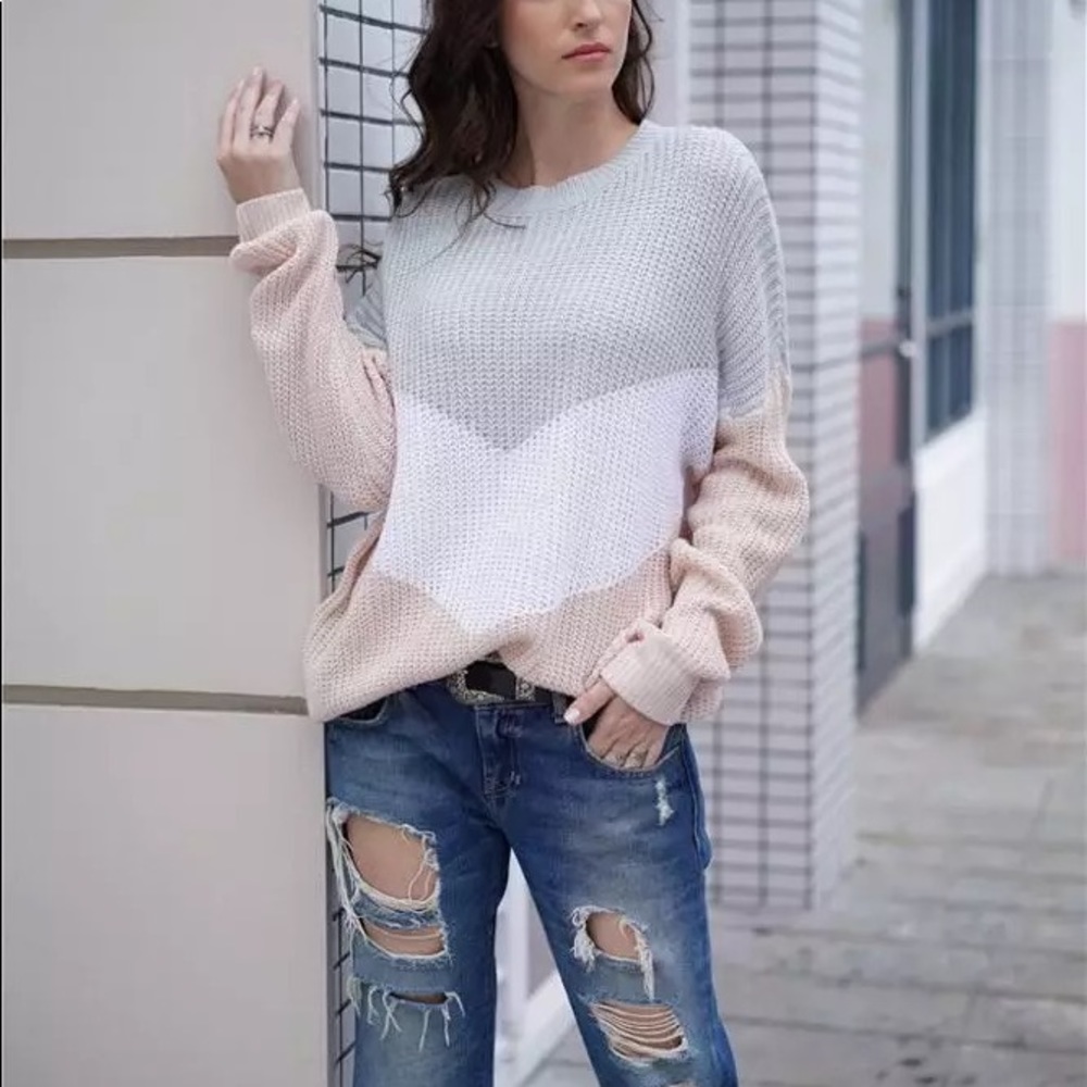 Colorblock Striped Oversized Pullover Sweater GRAY